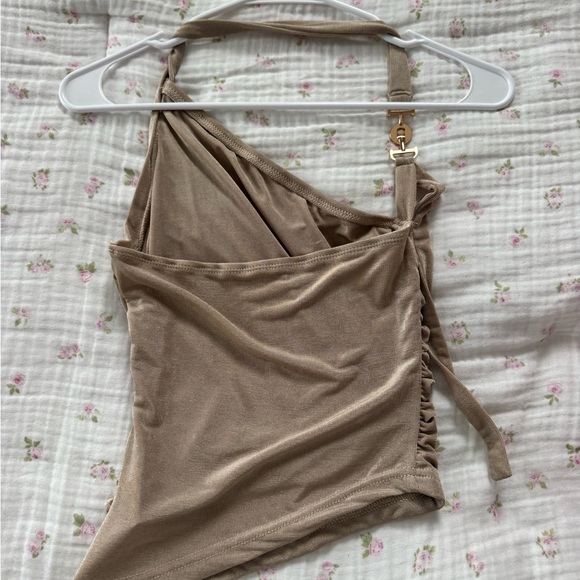 Tan One-Shoulder Ruched Top - Picture 2 of 2